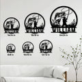 Bass fishing metal sign shown in multiple size options above a bright living room sofa
