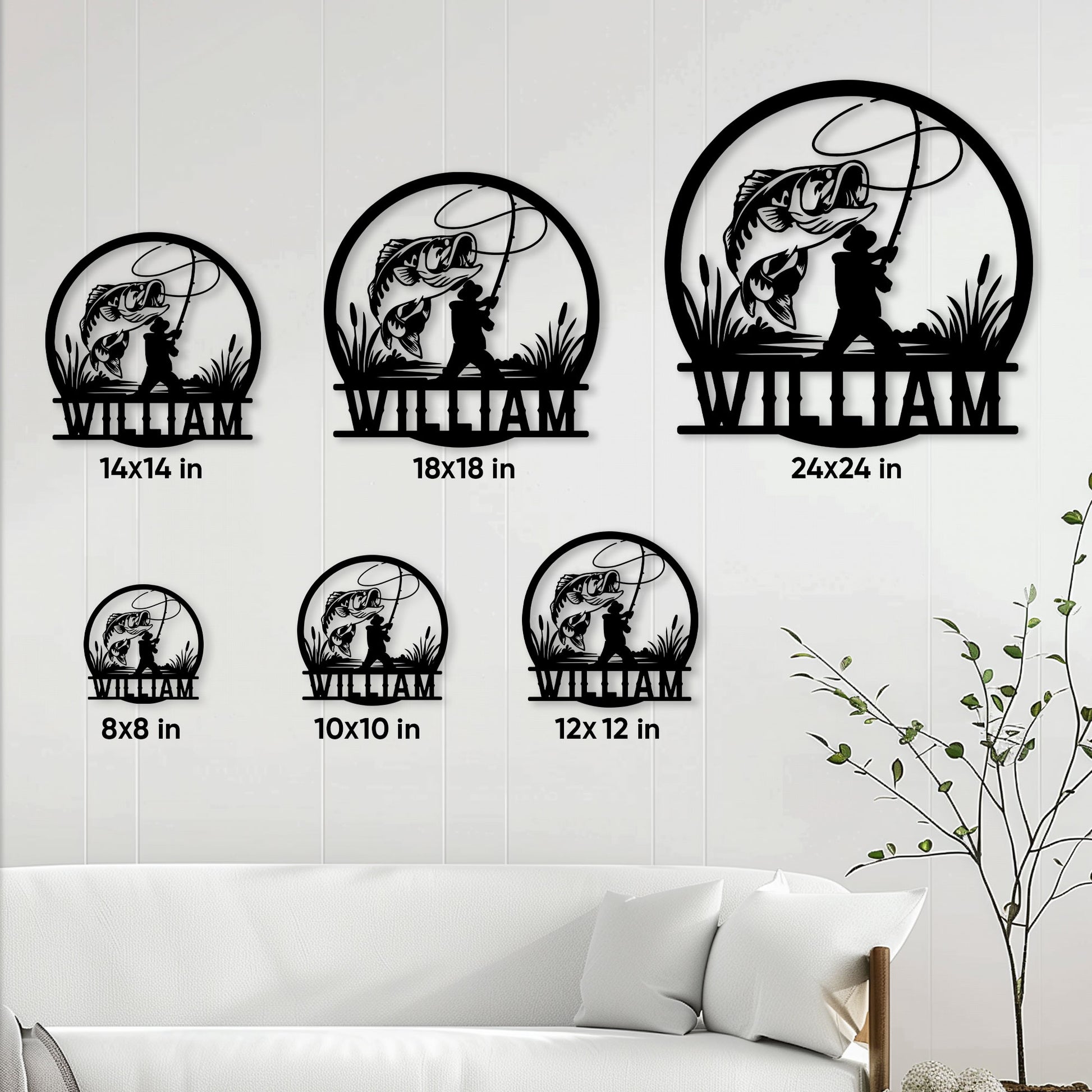 Bass fishing metal sign shown in multiple size options above a bright living room sofa