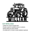 Tractor cut metal sign shown with product feature details for indoor or outdoor farm-inspired decor