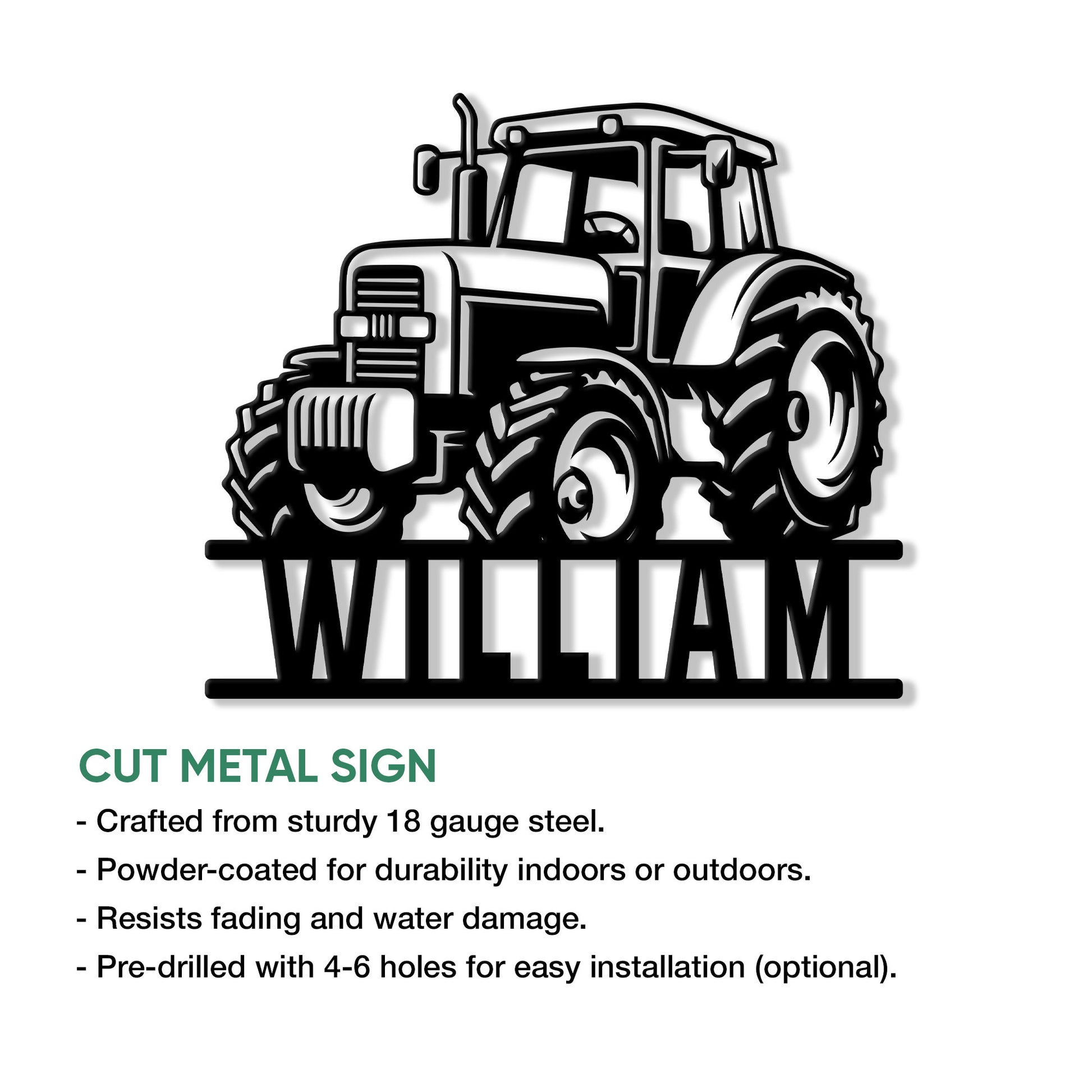 Tractor cut metal sign shown with product feature details for indoor or outdoor farm-inspired decor