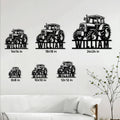 Tractor metal sign shown in multiple size options on a bright living room wall
