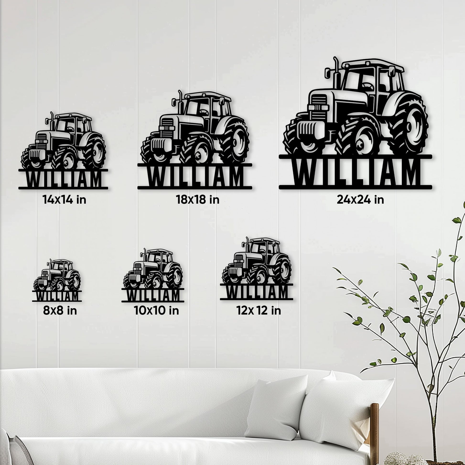 Tractor metal sign shown in multiple size options on a bright living room wall