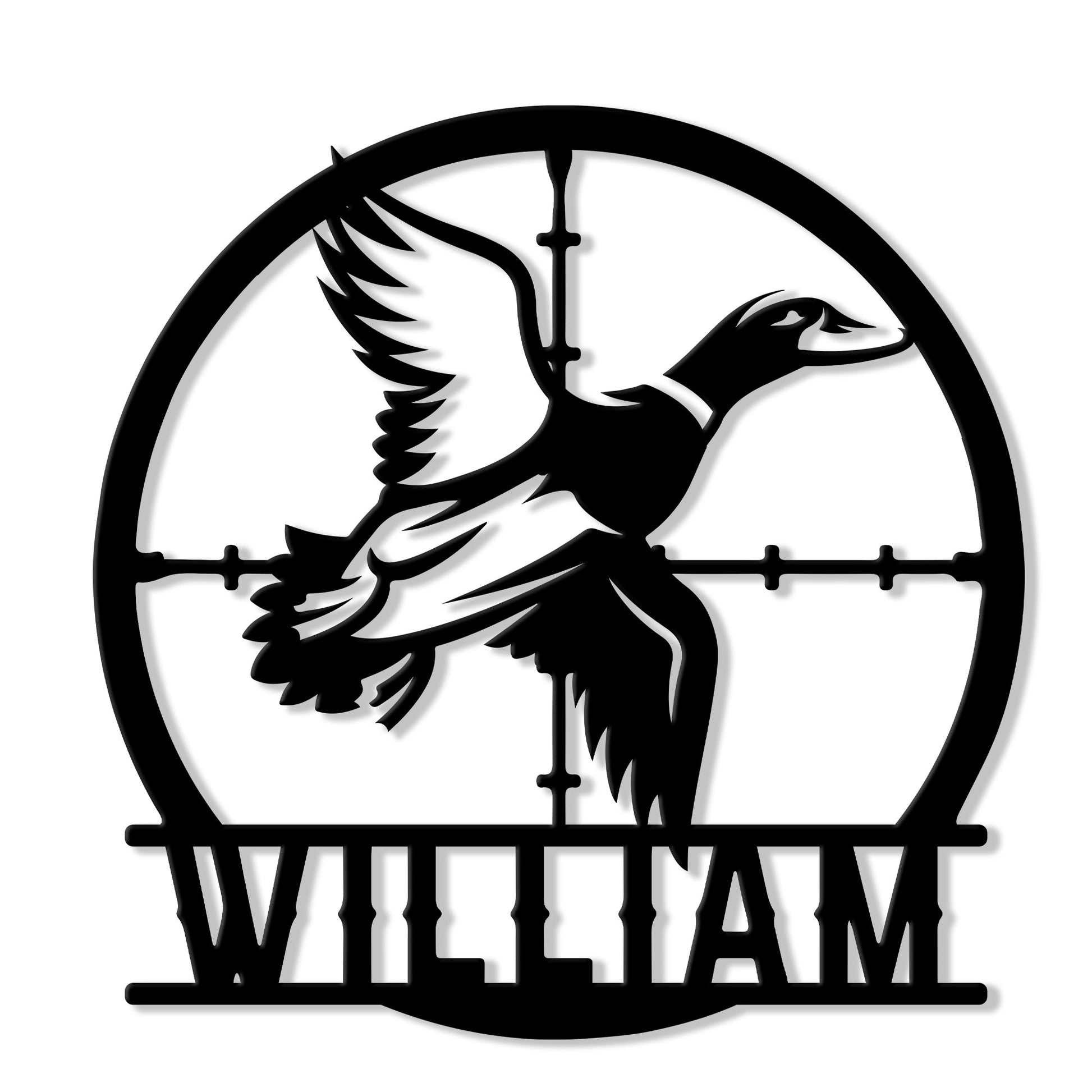 Custom duck hunting metal sign featuring a flying duck silhouette within a circular crosshair design