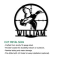 Duck hunting metal sign shown as a cut-metal wall accent with a flying duck and target-inspired frame