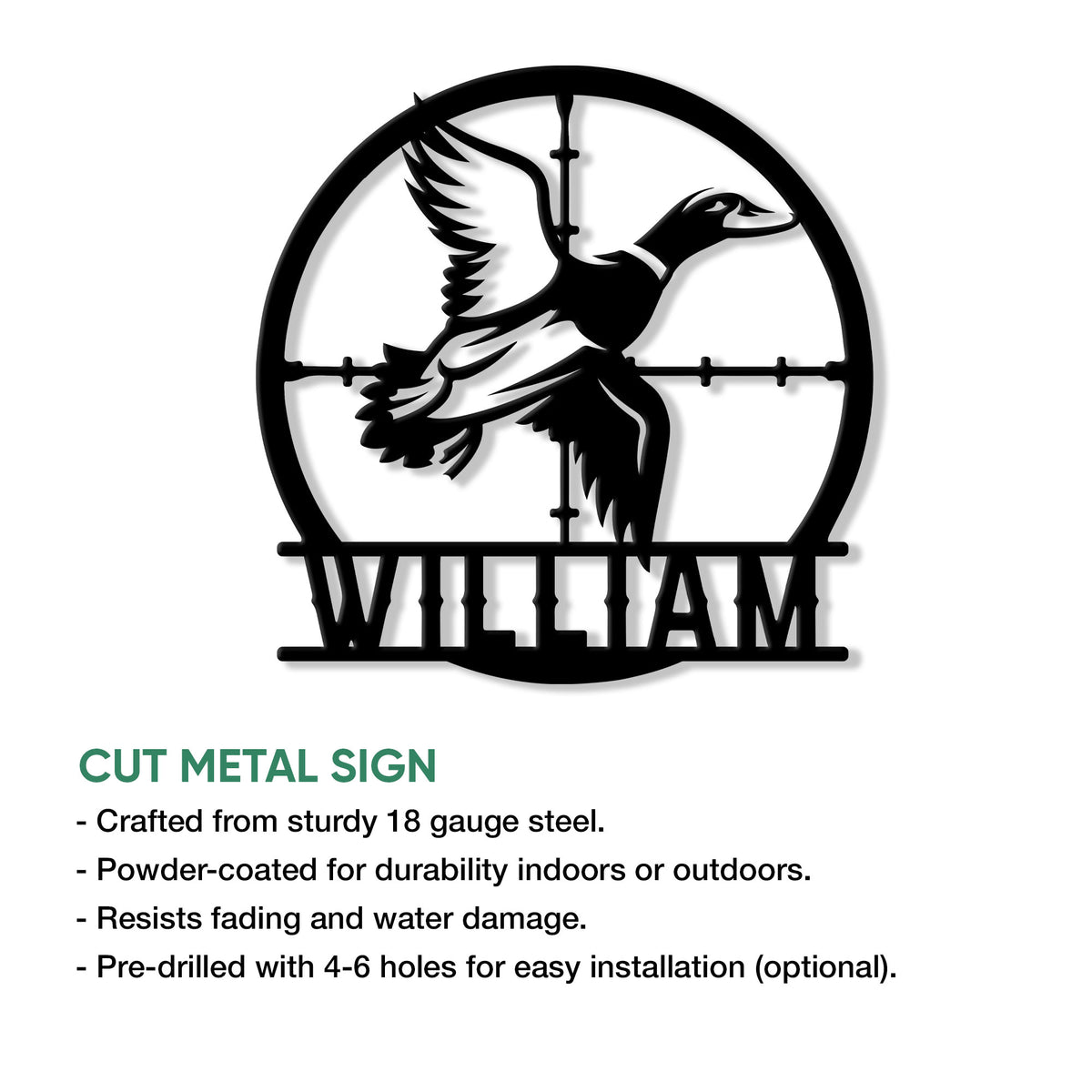 Duck hunting metal sign shown as a cut-metal wall accent with a flying duck and target-inspired frame