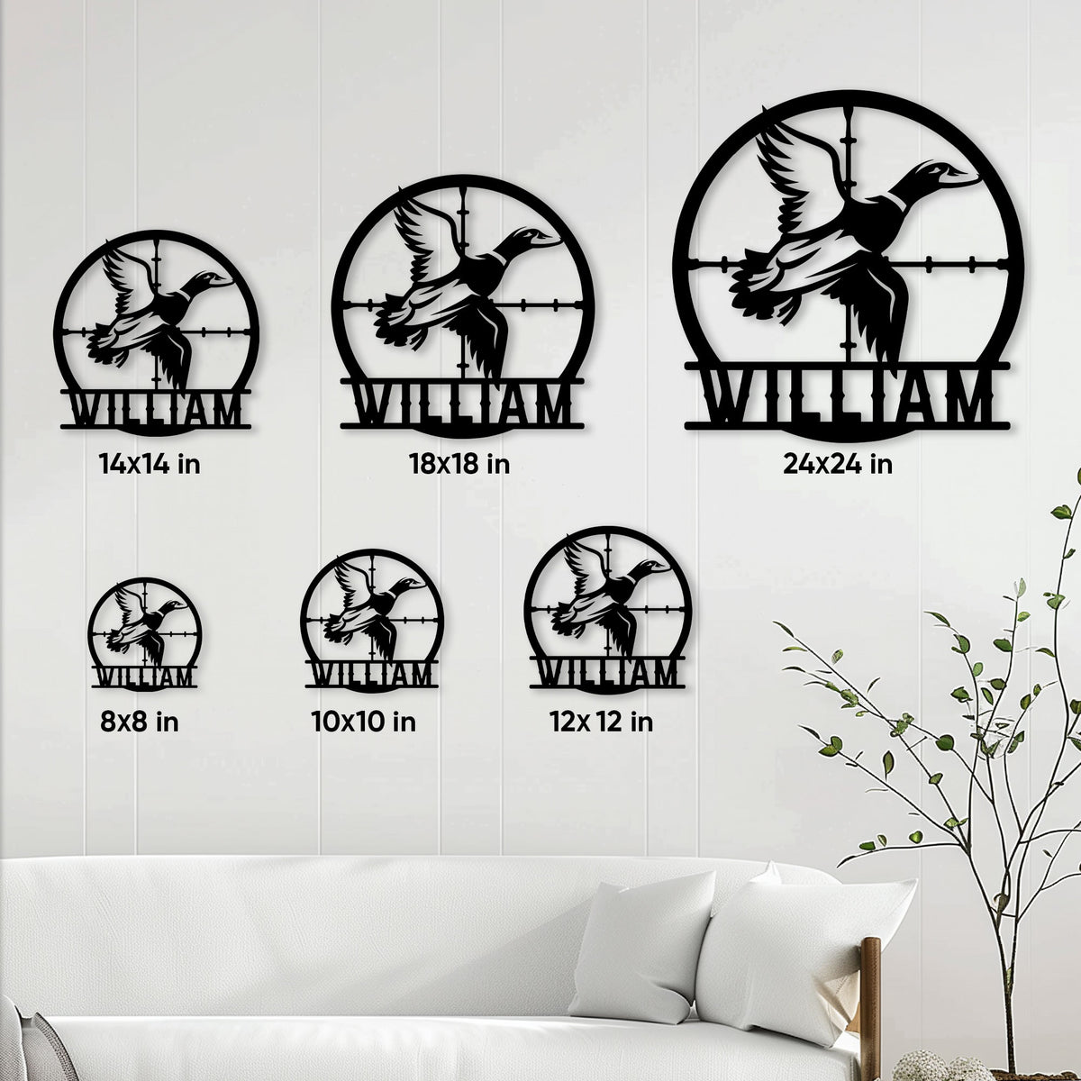 Duck hunting sign shown in multiple size options on a wall above a living room sofa