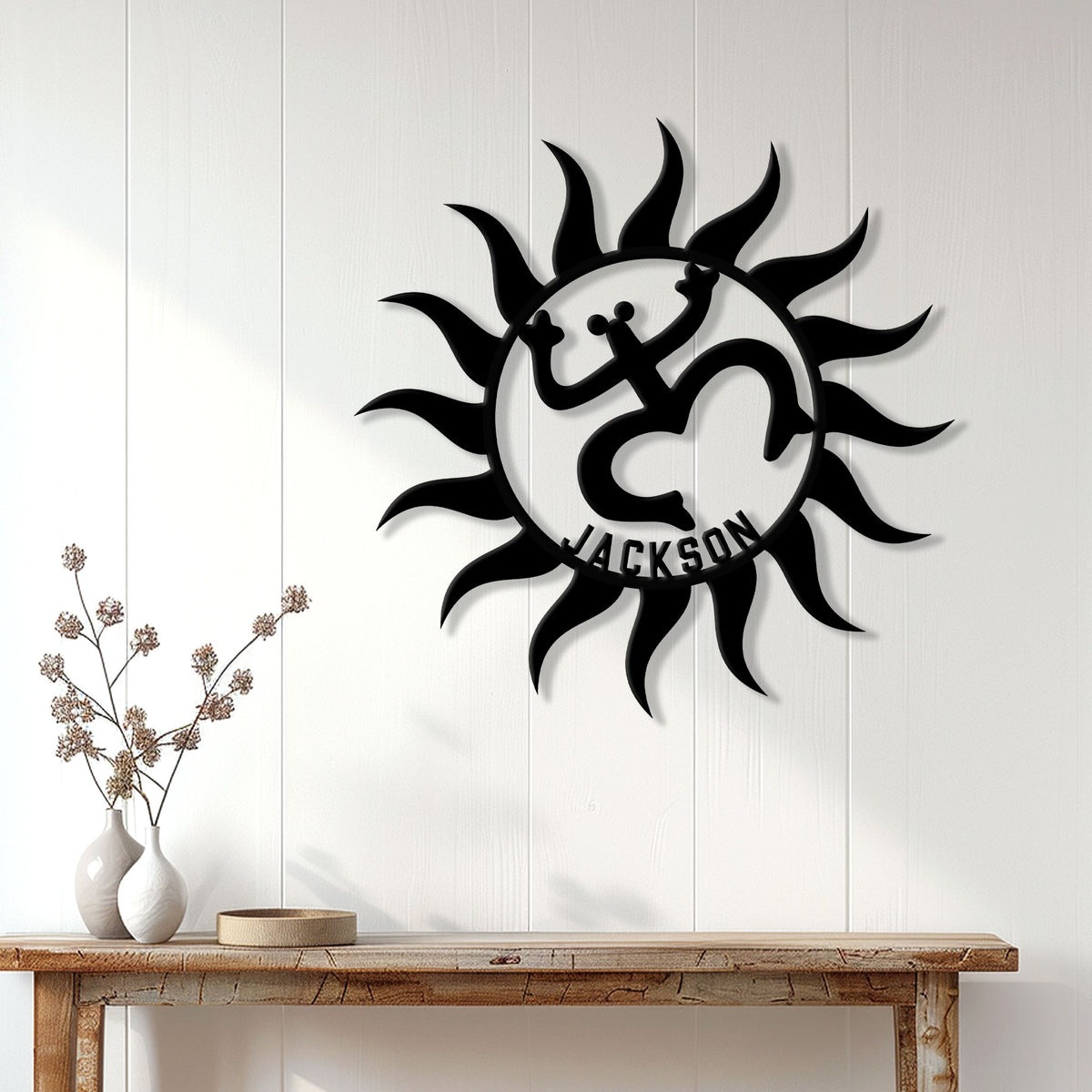 Puerto Rico coquí wall sign styled above a console table in a bright home interior