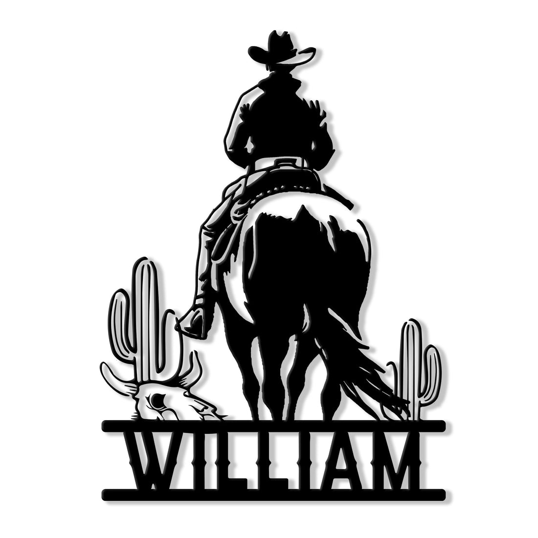 Custom cowboy metal sign featuring a mounted rider, desert cacti, steer skull, and bold Western silhouette