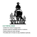 Cowboy cut metal sign feature graphic showing a mounted Western rider with cacti and steer skull design