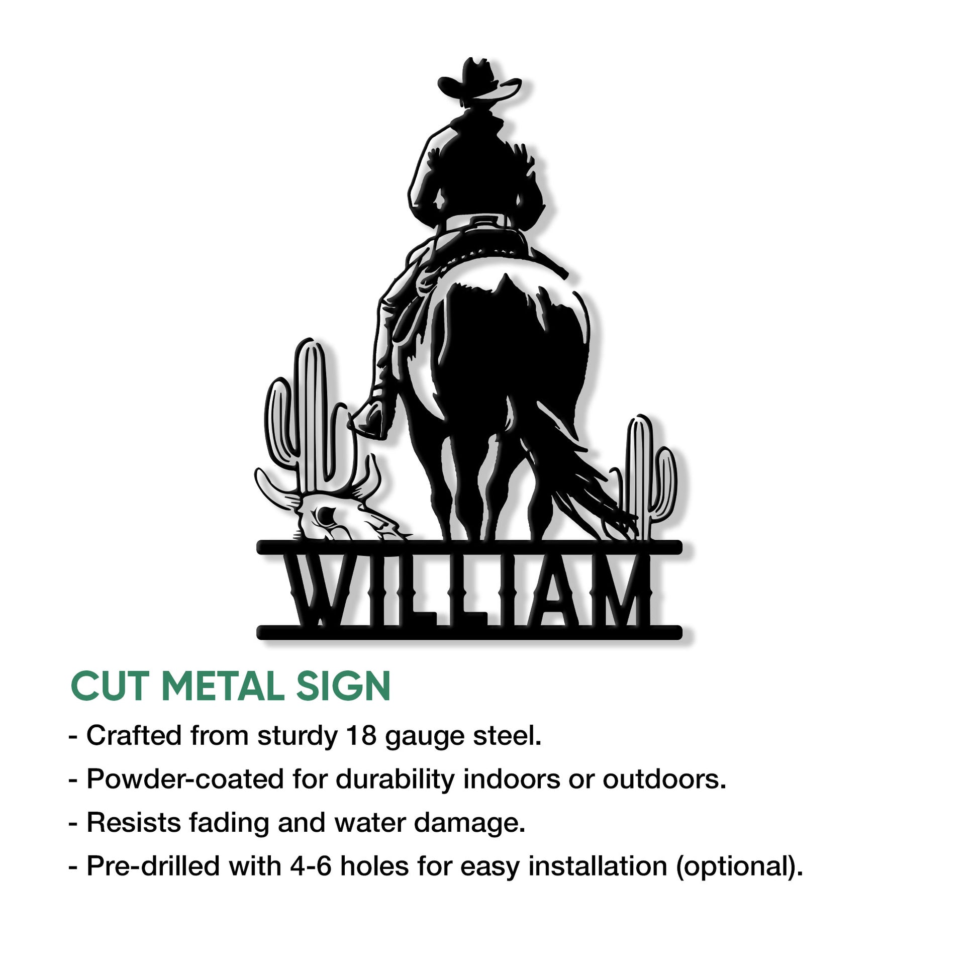 Cowboy cut metal sign feature graphic showing a mounted Western rider with cacti and steer skull design