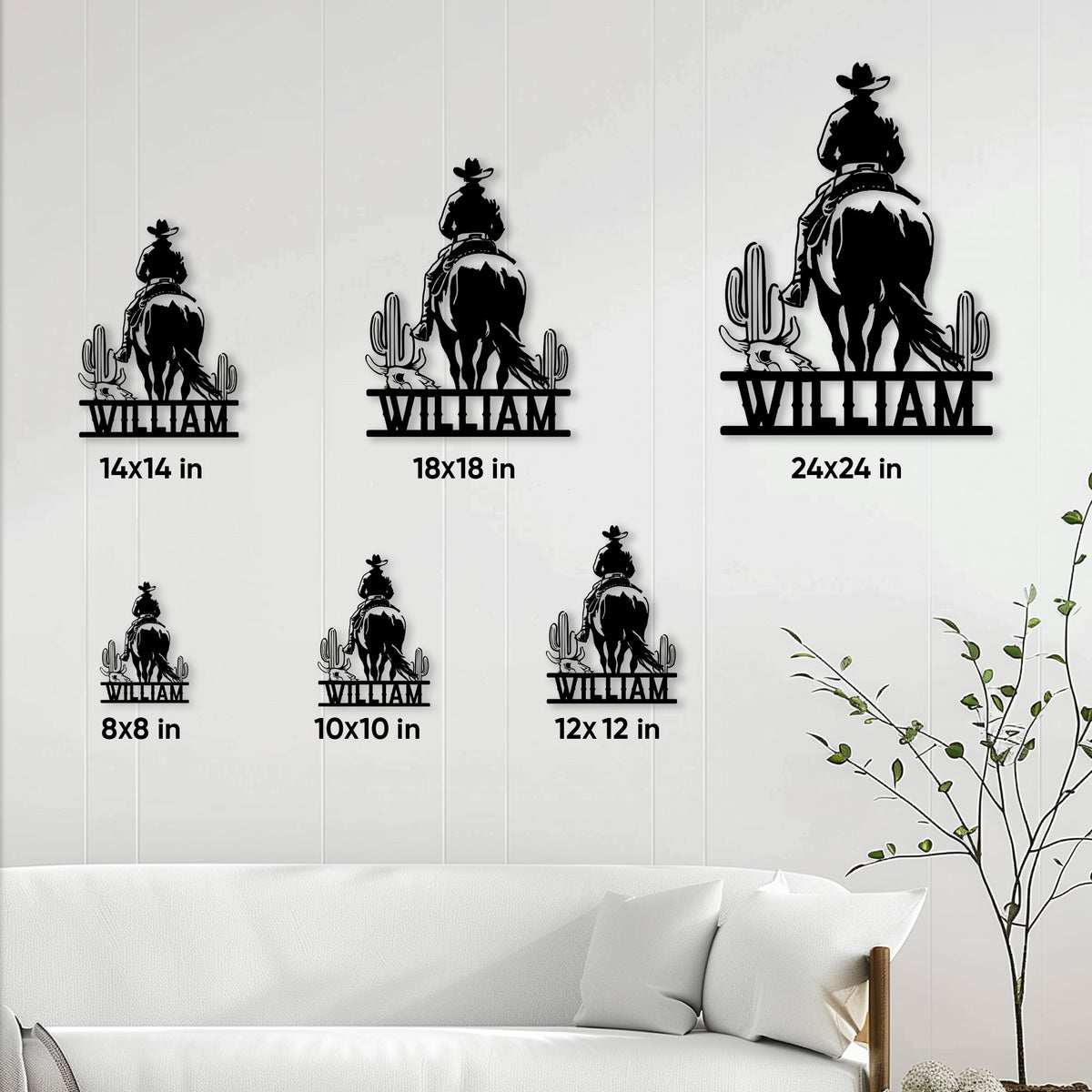 Cowboy metal sign size guide showing available square sizes from 8 by 8 to 24 by 24 inches
