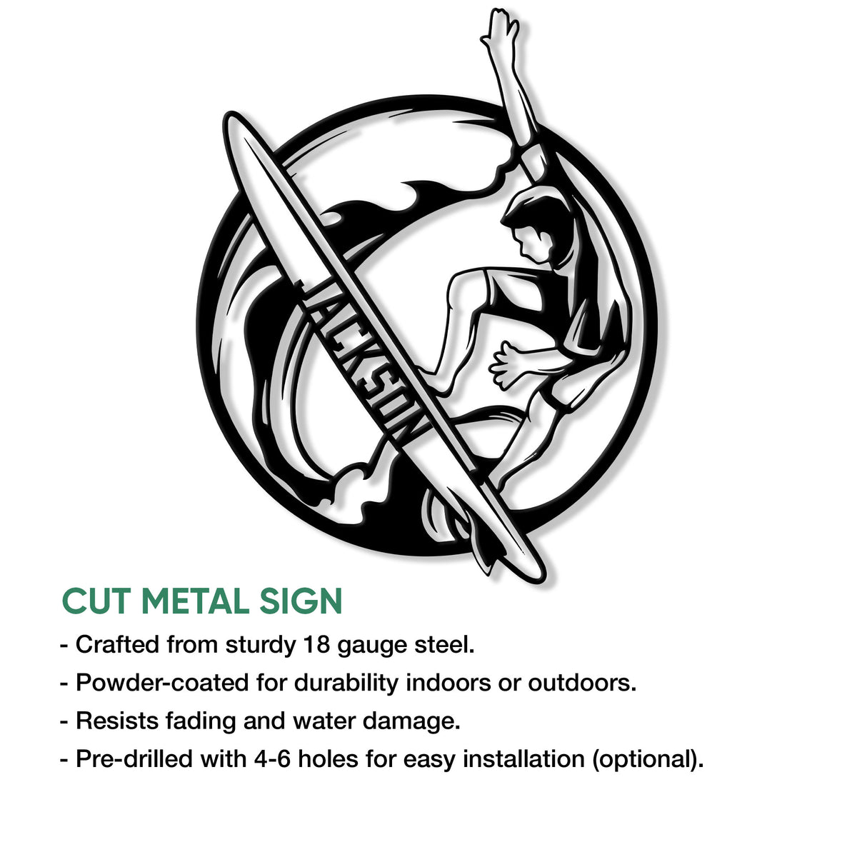Surfing metal sign artwork featuring a seated wave rider, longboard, and bold ocean wave silhouette