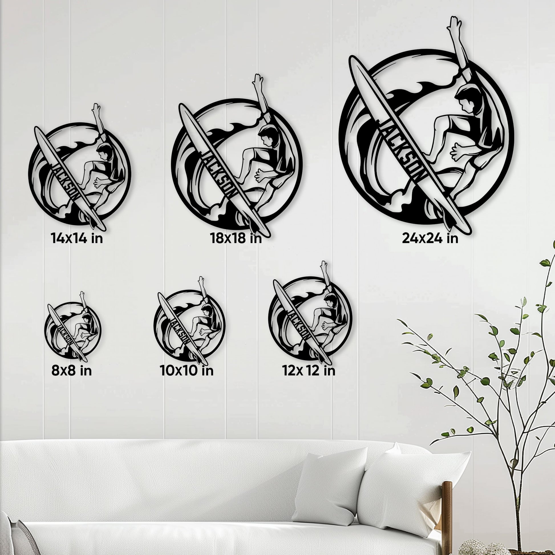 Surfing metal sign size guide showing circular designs in sizes from 8 by 8 to 24 by 24 inches