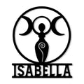 Custom Wicca metal sign featuring a triple moon goddess silhouette with a spiral detail and name area
