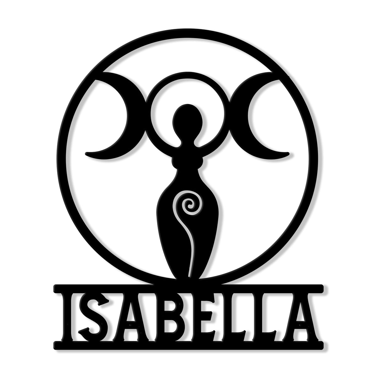 Custom Wicca metal sign featuring a triple moon goddess silhouette with a spiral detail and name area