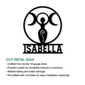 Triple moon goddess Wicca metal sign shown with a feature graphic describing the cut metal design