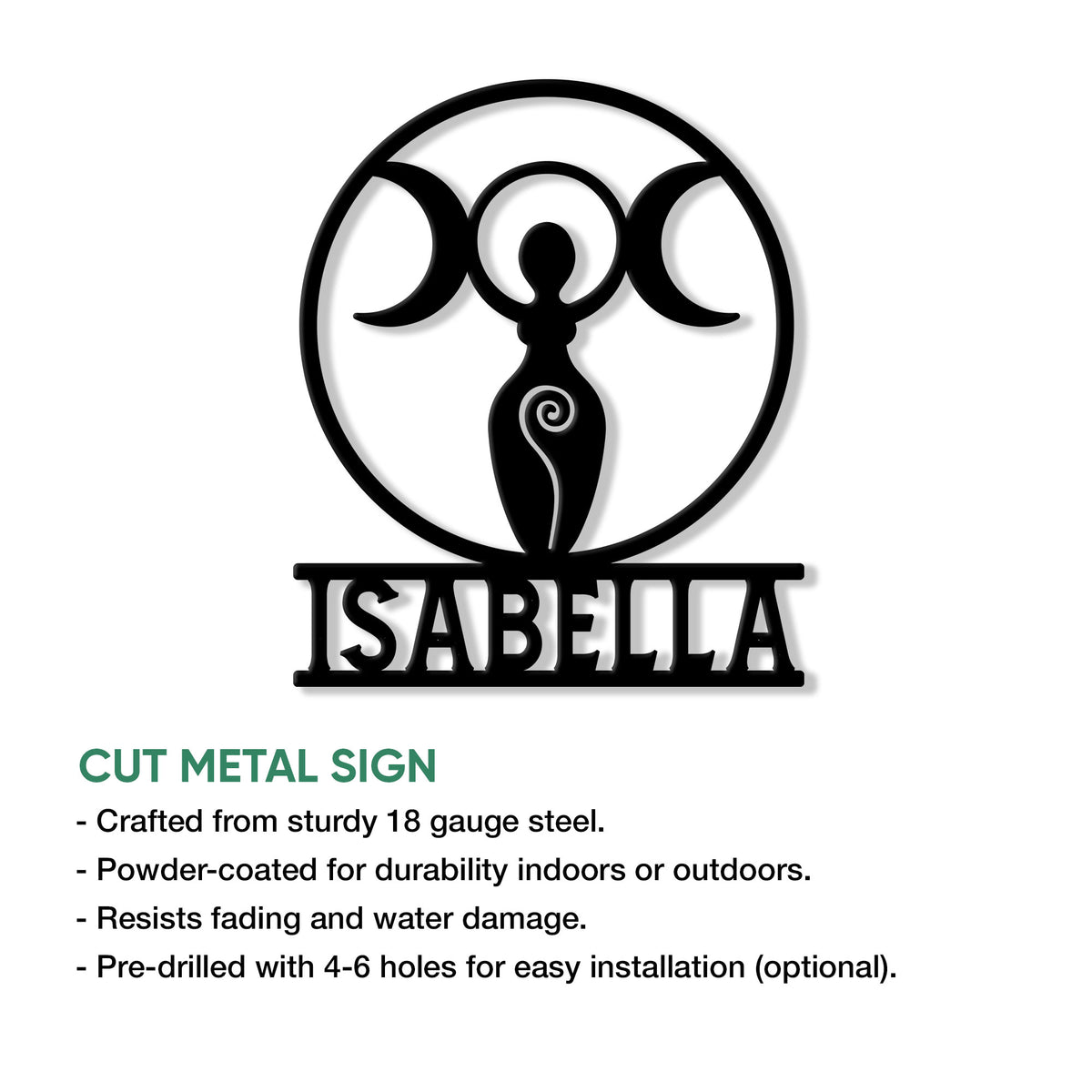Triple moon goddess Wicca metal sign shown with a feature graphic describing the cut metal design