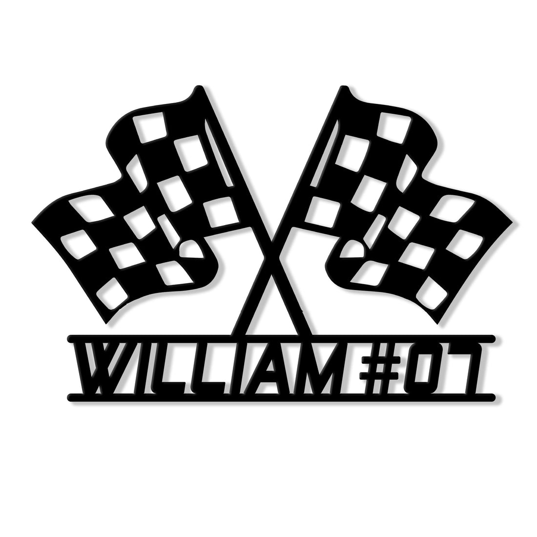Black metal racing sign featuring crossed checkered flags and bold custom motorsport lettering