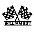 Black metal racing sign featuring crossed checkered flags and bold custom motorsport lettering