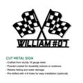 Cut metal racing sign infographic featuring crossed checkered flags and indoor or outdoor display details