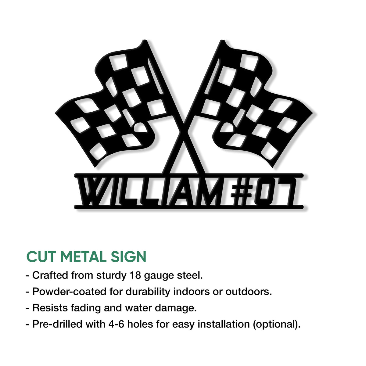 Cut metal racing sign infographic featuring crossed checkered flags and indoor or outdoor display details