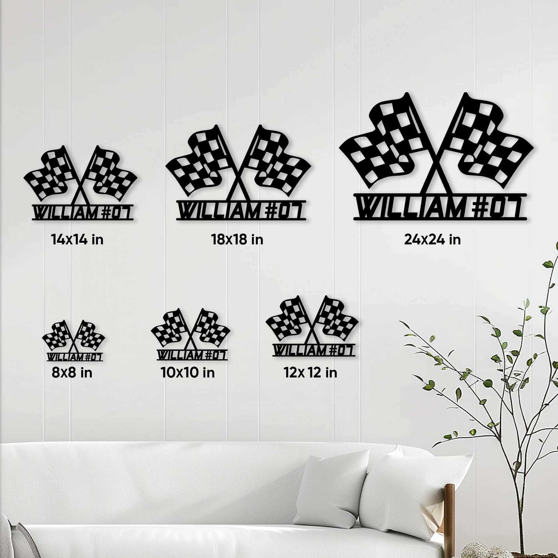 Racing metal sign size guide showing crossed checkered flags in multiple square size options