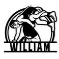 Black wrestling metal sign featuring two grapplers in a takedown pose within a bold circular frame