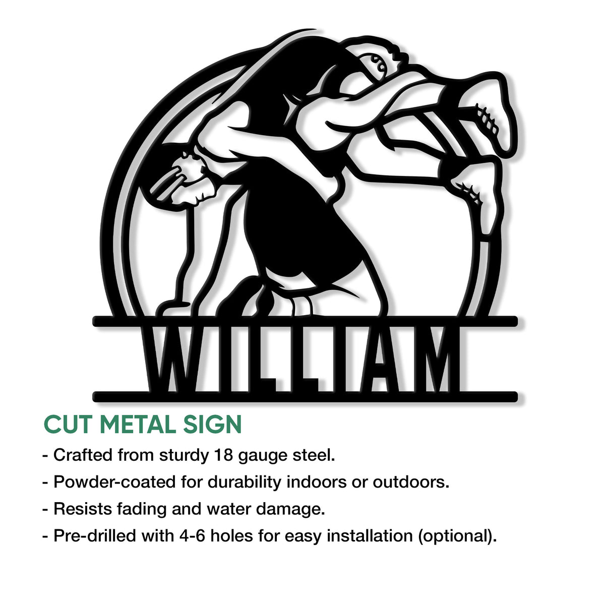 Wrestling metal sign artwork with two athletes grappling, shown alongside a cut metal sign feature guide