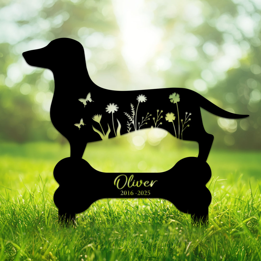 Custom dachshund memorial metal sign with floral silhouette, butterflies, and bone-shaped garden marker