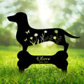Custom dachshund memorial metal sign with floral silhouette, butterflies, and bone-shaped garden marker