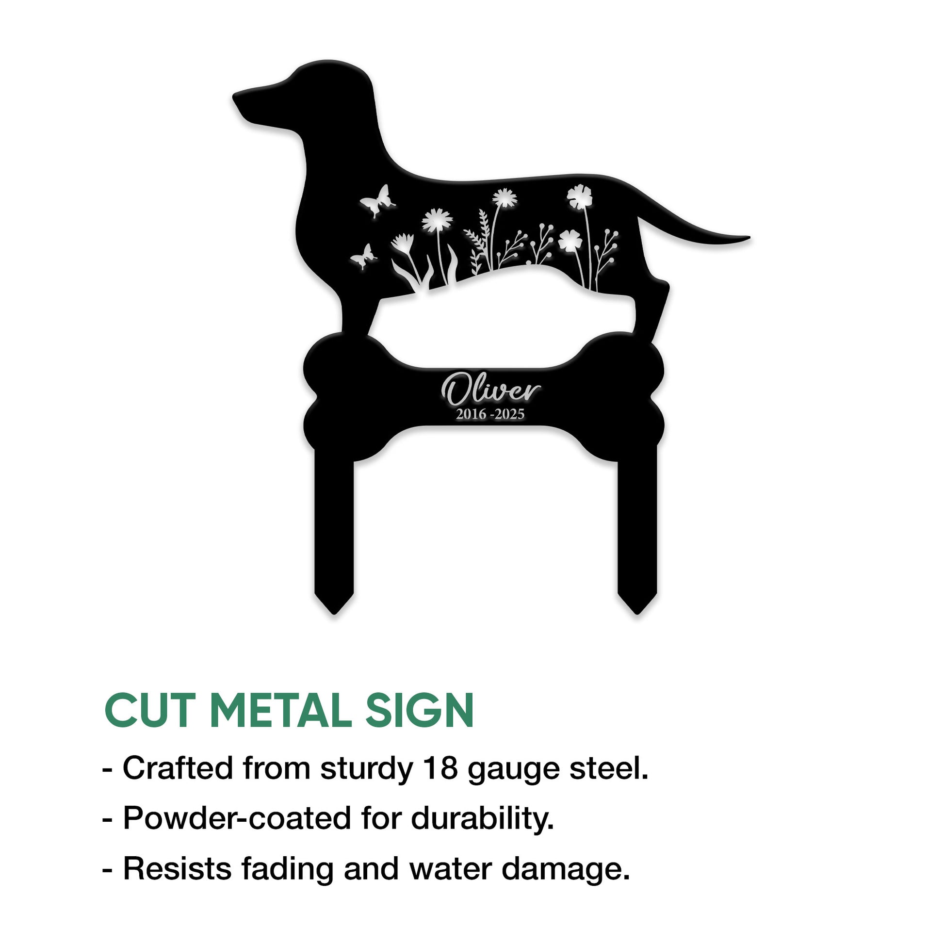 Black cut metal dachshund memorial sign featuring a floral silhouette and bone-shaped base