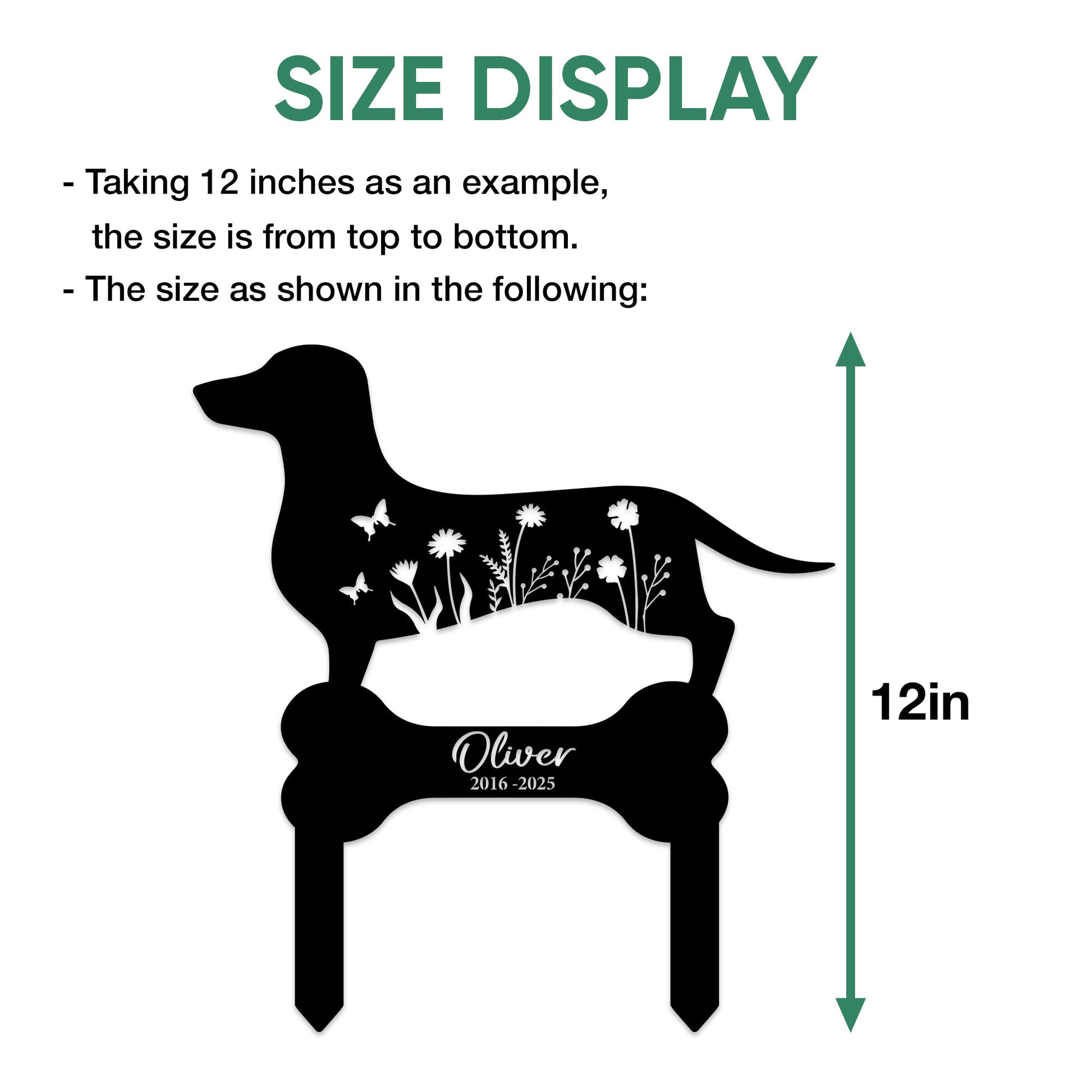 Dachshund memorial metal sign size guide showing the overall height measurement