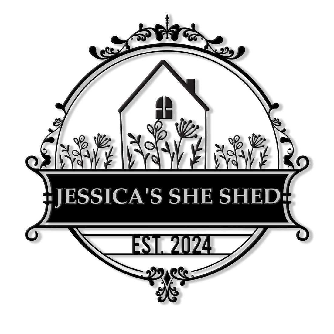 Ornate She Shed metal sign featuring a garden cottage, floral silhouettes, scrollwork, and a decorative arch