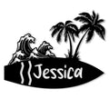 Surfing metal sign with a surfboard silhouette, curling ocean waves, and palm trees in a tropical beach design