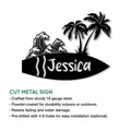 Surfing cut metal sign feature graphic showing a surfboard shape with ocean waves and tropical palm trees