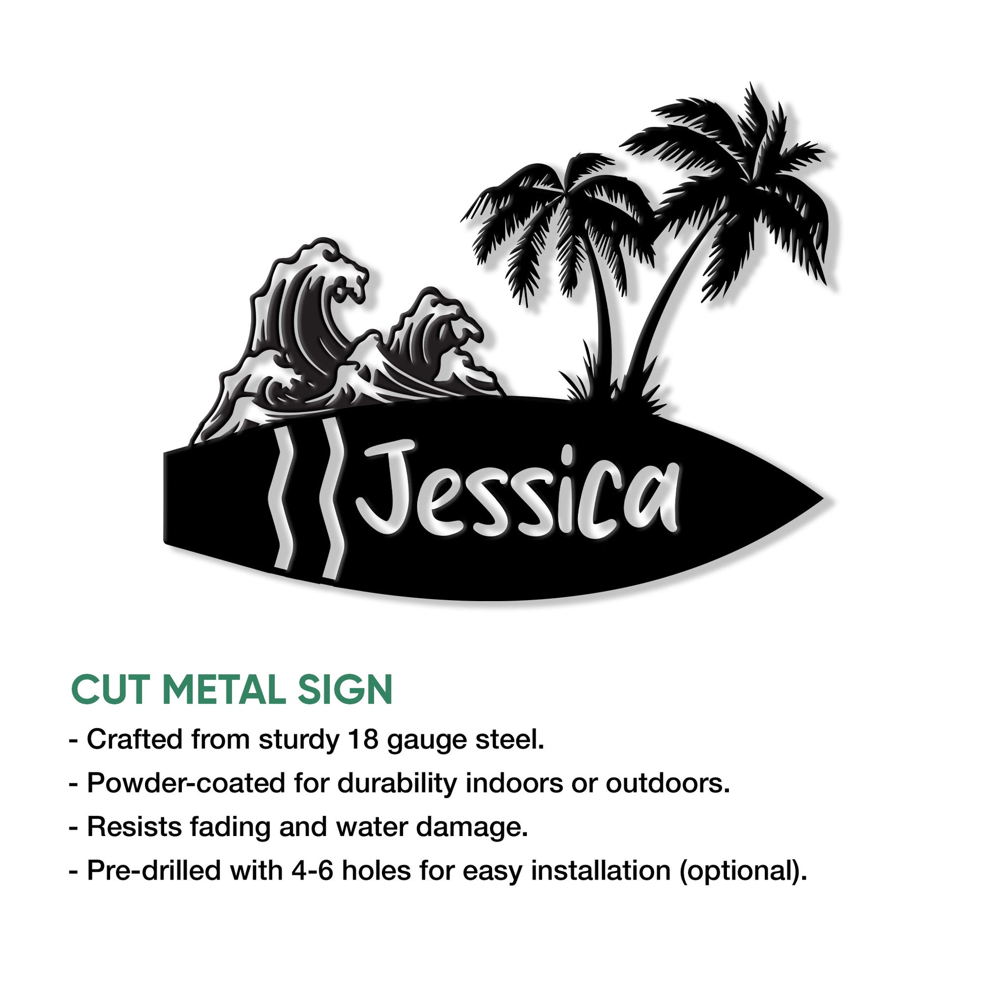 Surfing cut metal sign feature graphic showing a surfboard shape with ocean waves and tropical palm trees