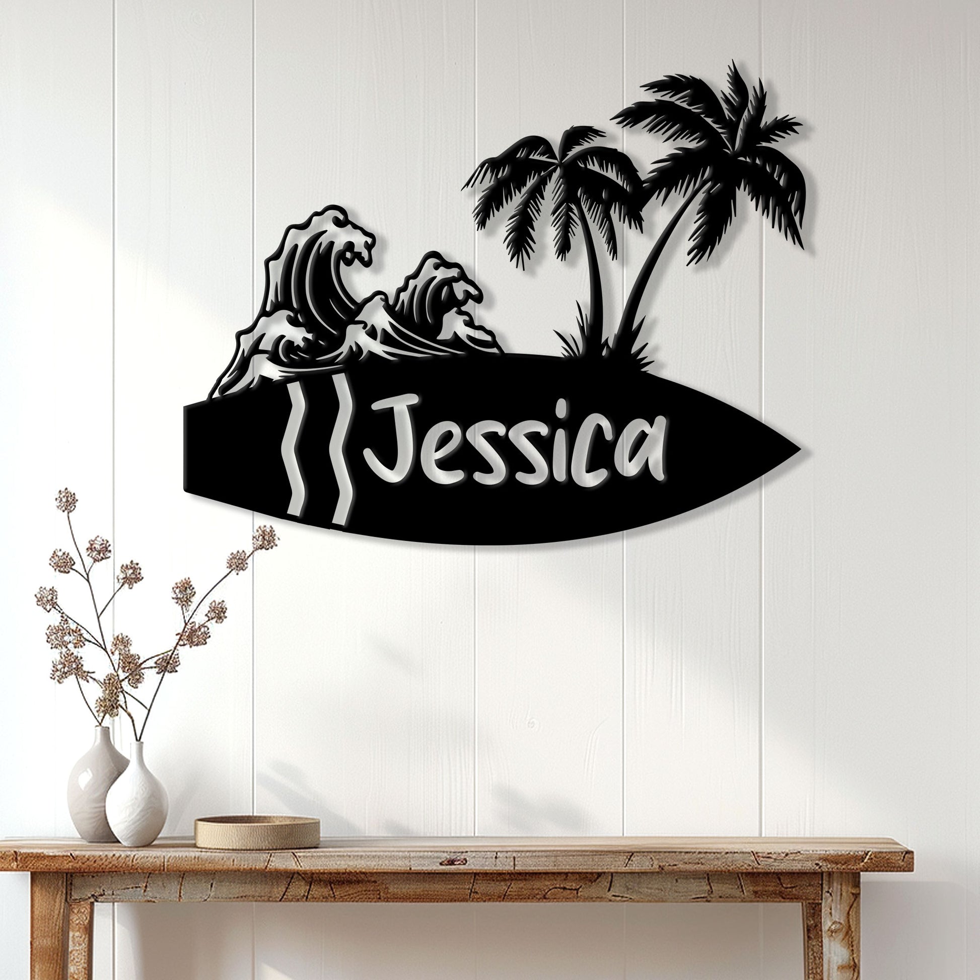 Custom surfing metal sign displayed on a light wood-paneled wall above a console table