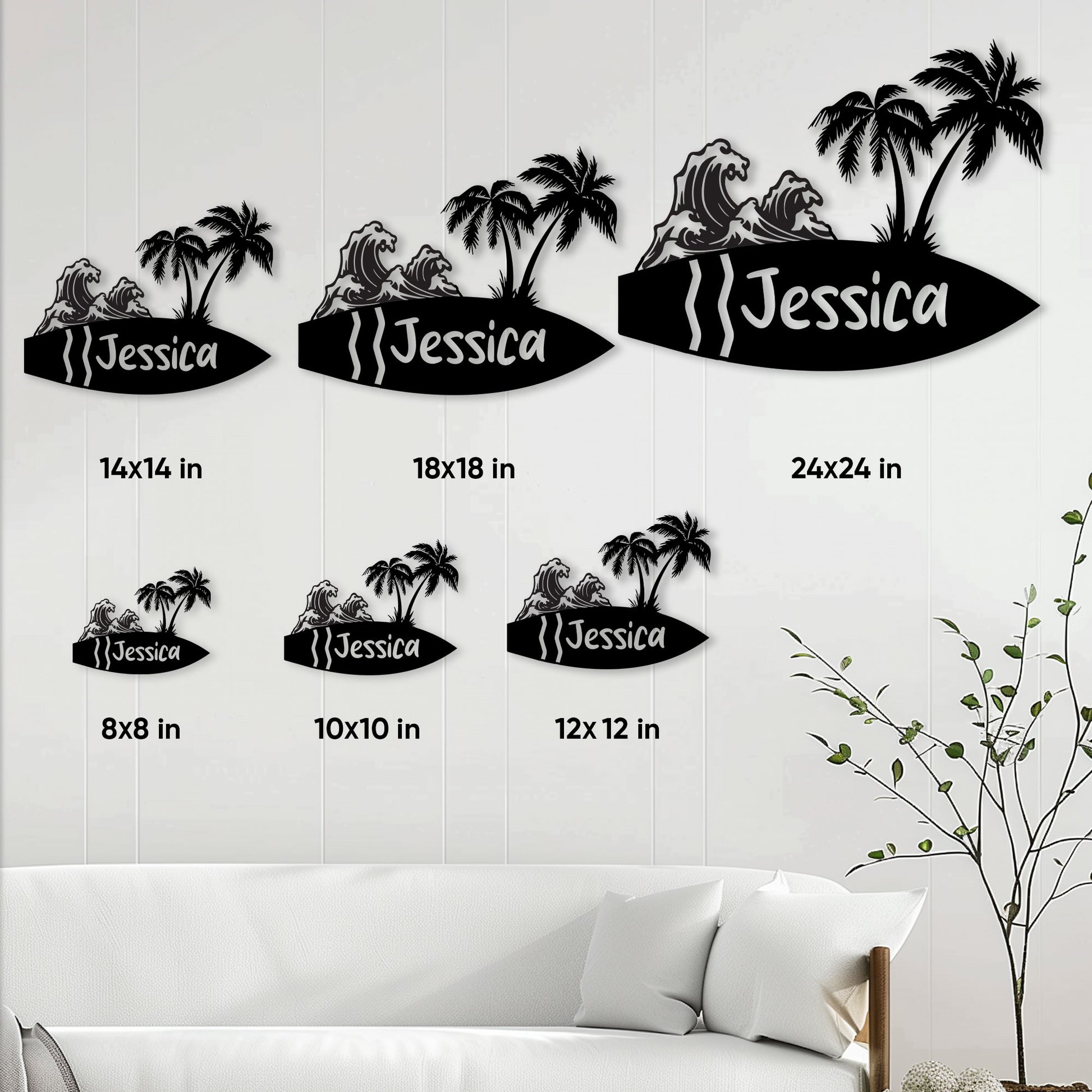 Surfing metal sign size guide showing multiple surfboard-shaped sign sizes from 8 by 8 to 24 by 24 inches