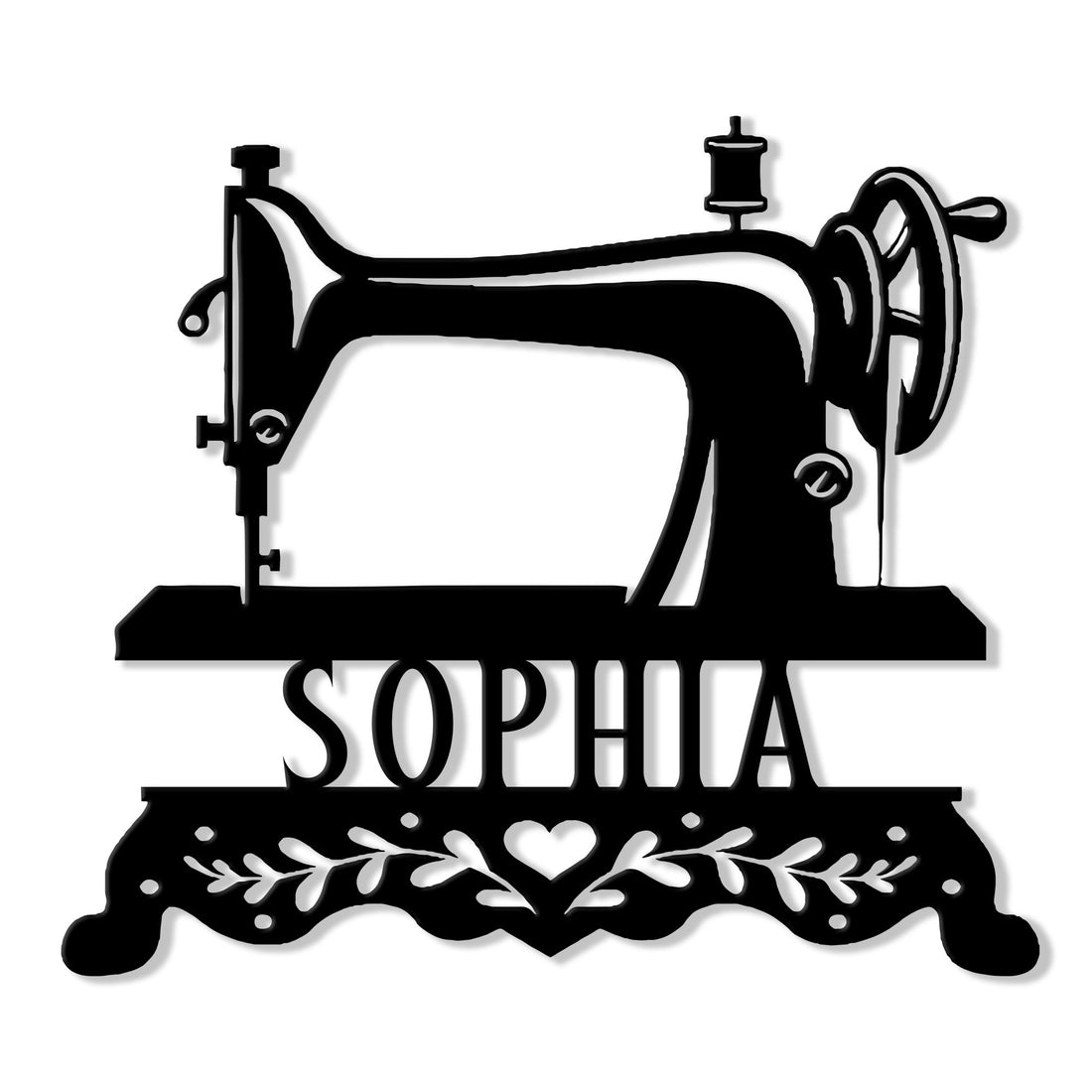 Ornate sewing machine metal sign with a vintage sewing machine silhouette, heart, and leafy details