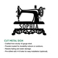Sewing machine cut metal sign shown with product feature details for indoor or outdoor display
