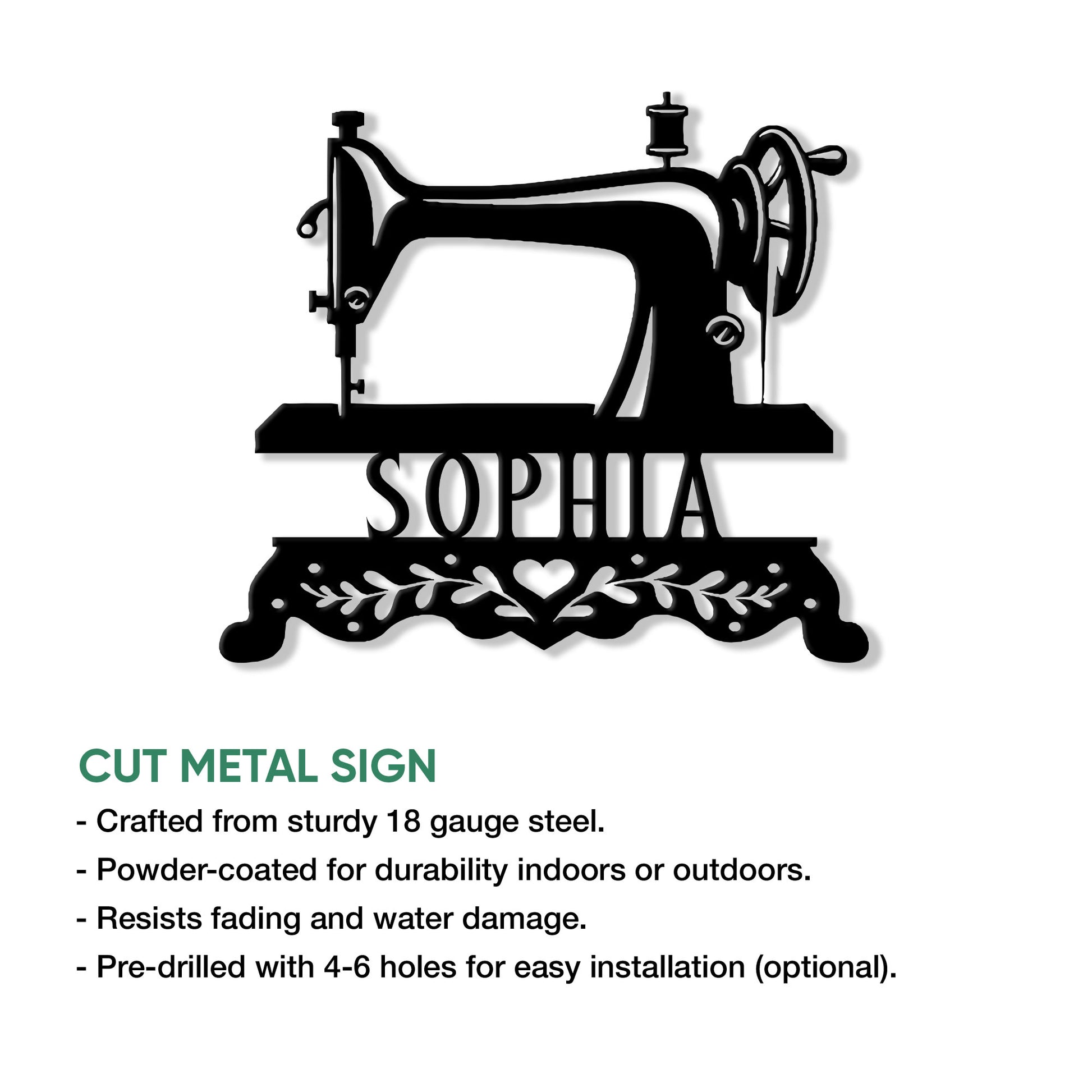 Sewing machine cut metal sign shown with product feature details for indoor or outdoor display