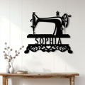Sewing machine wall sign displayed on a bright paneled wall above a rustic console table