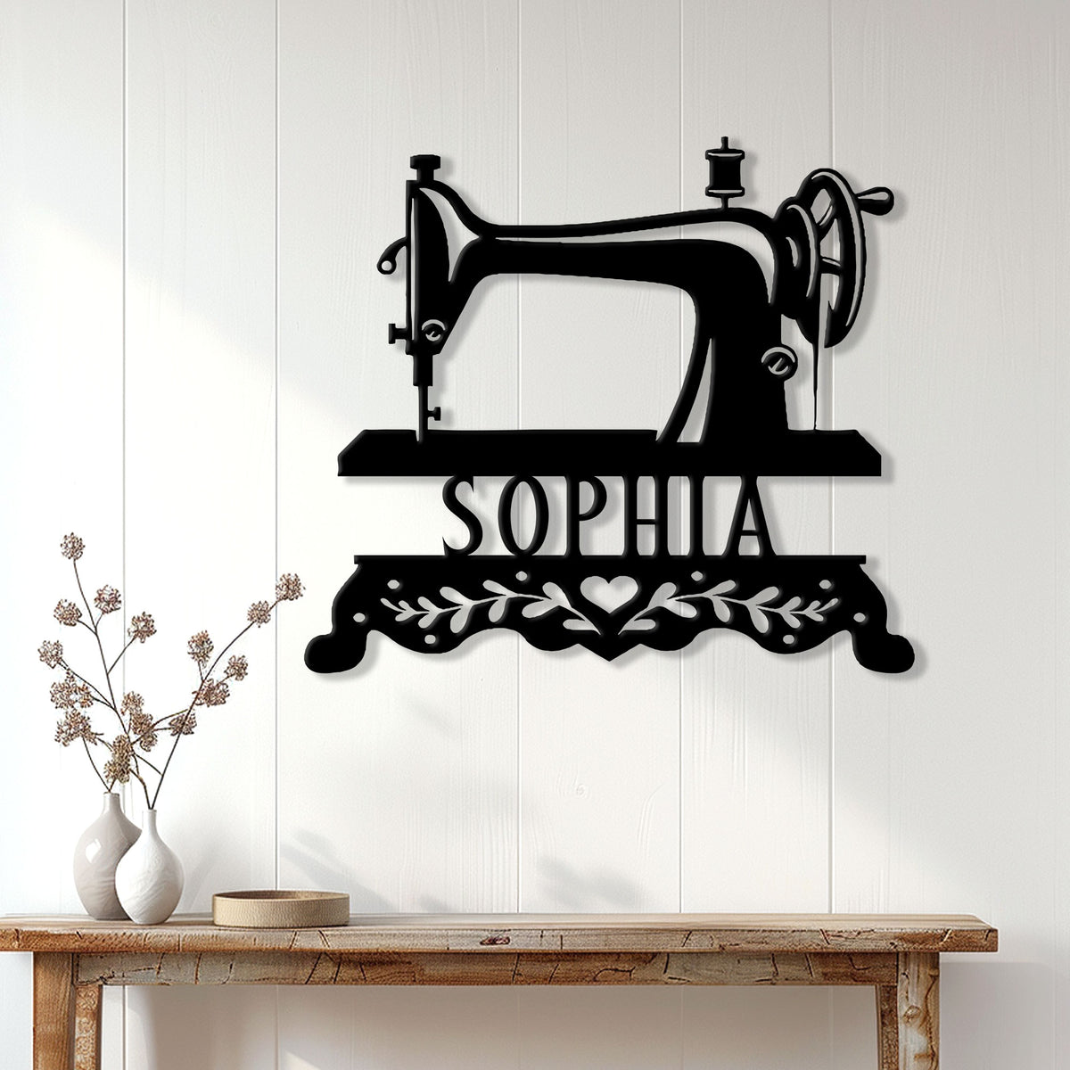 Sewing machine wall sign displayed on a bright paneled wall above a rustic console table