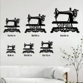 Sewing machine metal sign size guide showing six available square dimensions in a living room setting