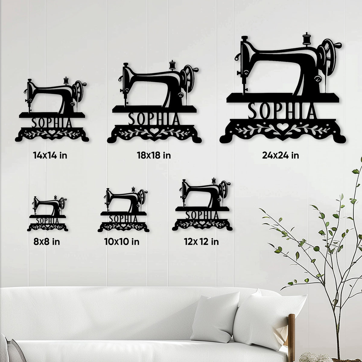 Sewing machine metal sign size guide showing six available square dimensions in a living room setting