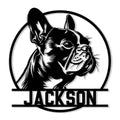 Black and white French Bulldog portrait metal sign with a bold circular frame and custom design