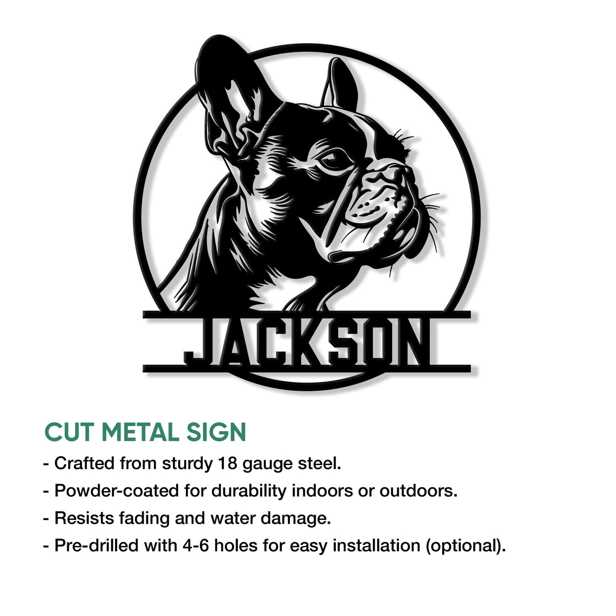 French Bulldog metal sign feature graphic showing the portrait design and available sign details