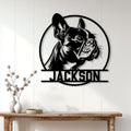 Frenchie metal wall sign displayed above a console table in a bright modern home