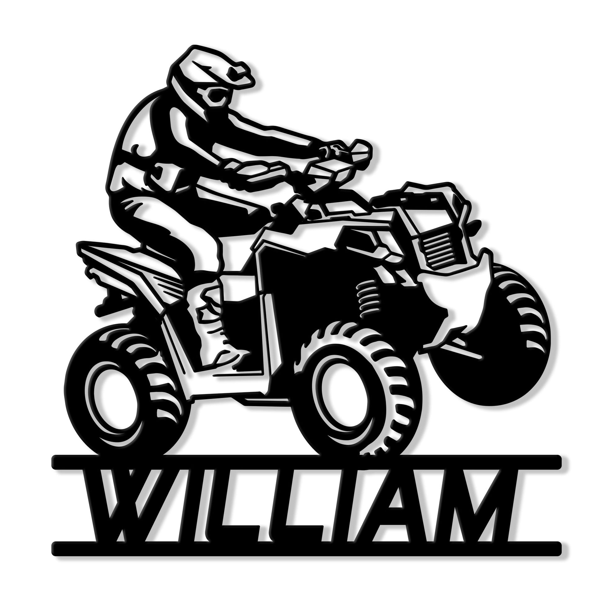 Black metal sign featuring a helmeted ATV rider in motion with bold off-road lettering