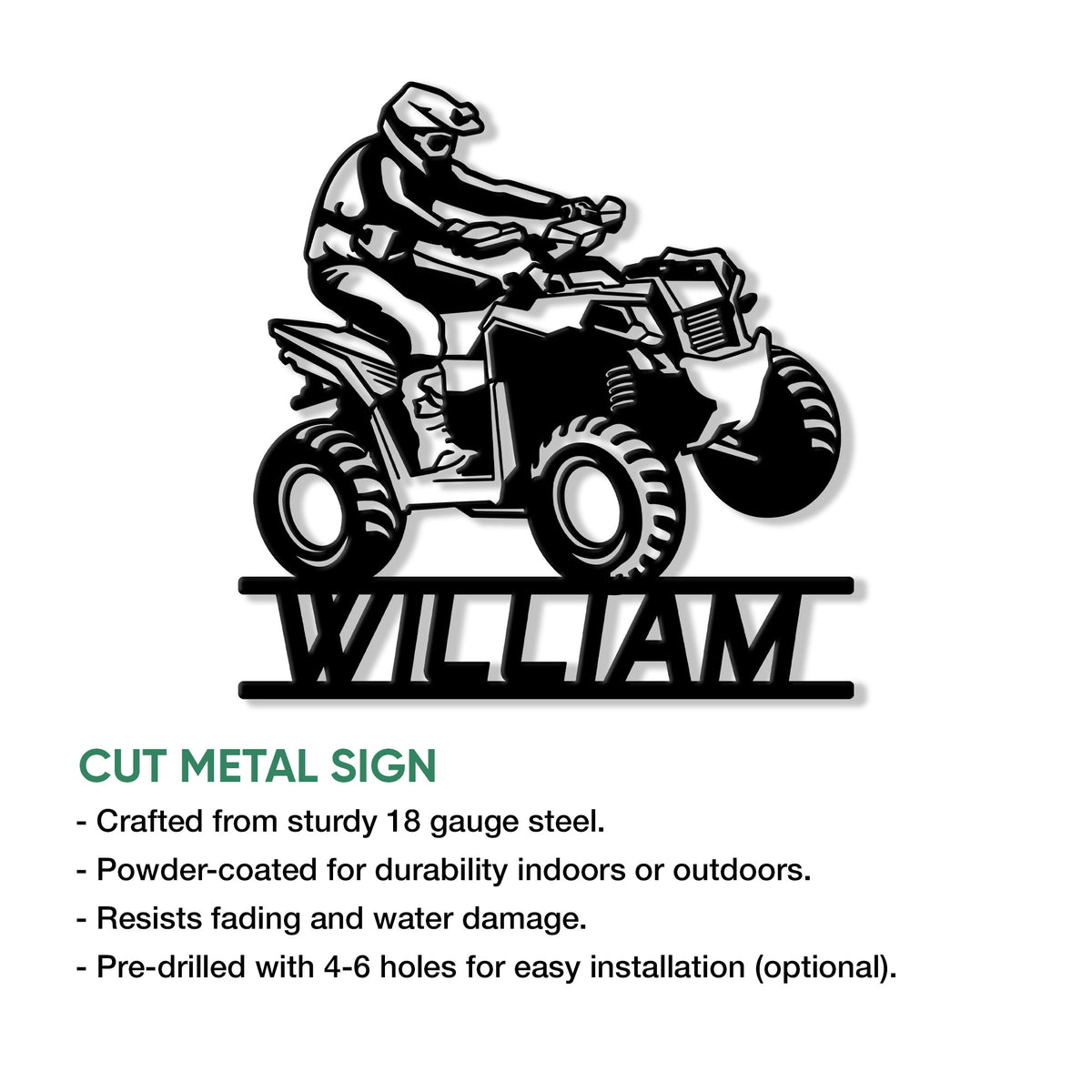 ATV rider metal sign shown with product features for indoor or outdoor display